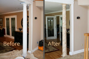 Faux marbling on a wood columns